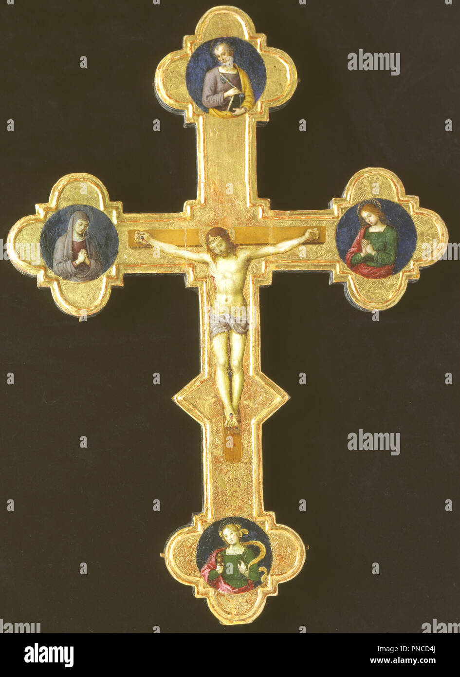 Processioned Cross with Franciscan Saints (recto). Date/Period: 1500 - 1502. Panel. Height: 46.80 mm (1.84 in); Width: 31 mm (1.22 in). Author: Attributed to Raffaello Santi. Stock Photo