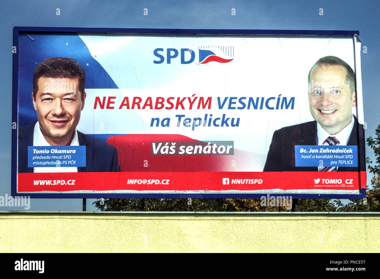 Tomio Okamura, leader of the SPD party, Not for the Arabian villages in the Teplice region, electoral billboard Stock Photo