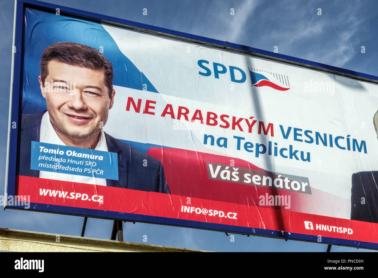 Tomio Okamura, leader of the SPD party, Not for the Arabian villages in the Teplice region, electoral billboard, Czech Republic Stock Photo