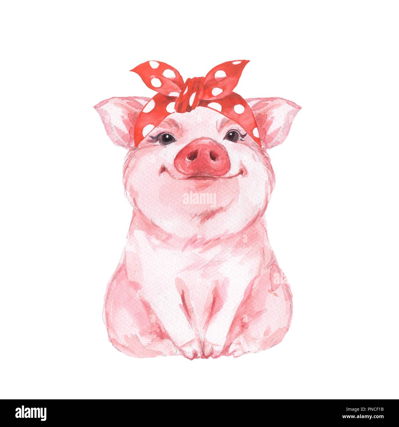 Funny pig wearing bandana. Isolated on white. Cute watercolor