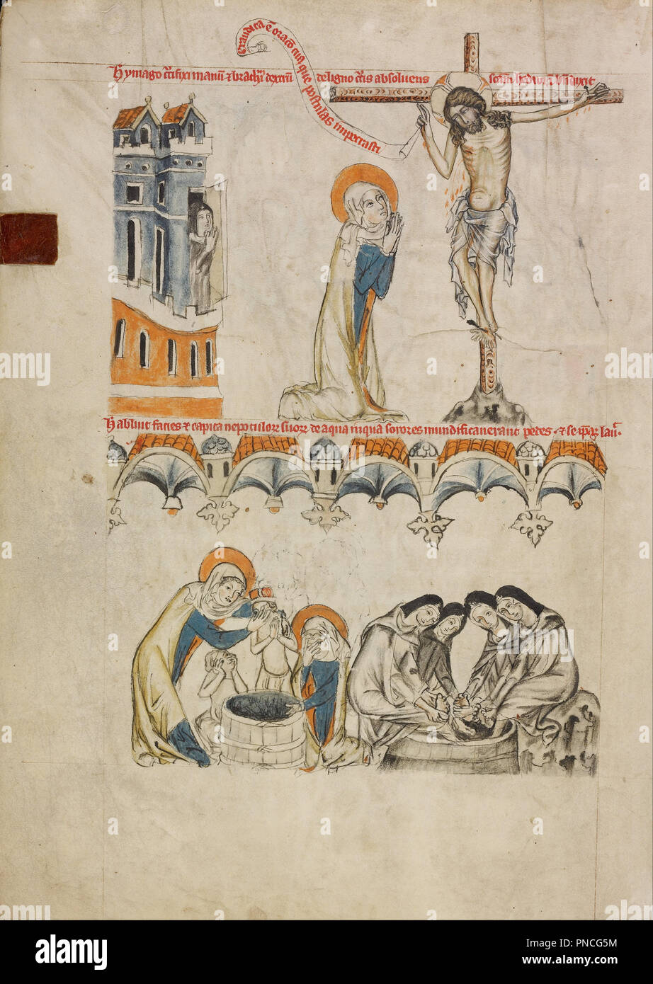 Christ Blessing Saint Hedwig; Saint Hedwig Washing Her Grandson's Face. Date/Period: 1353. Folio. Tempera colors, colored washes, and ink on parchment. Height: 341 mm (13.42 in); Width: 248 mm (9.76 in). Author: Court workshop of Duke Ludwig I of Liegnitz and Brieg. Stock Photo