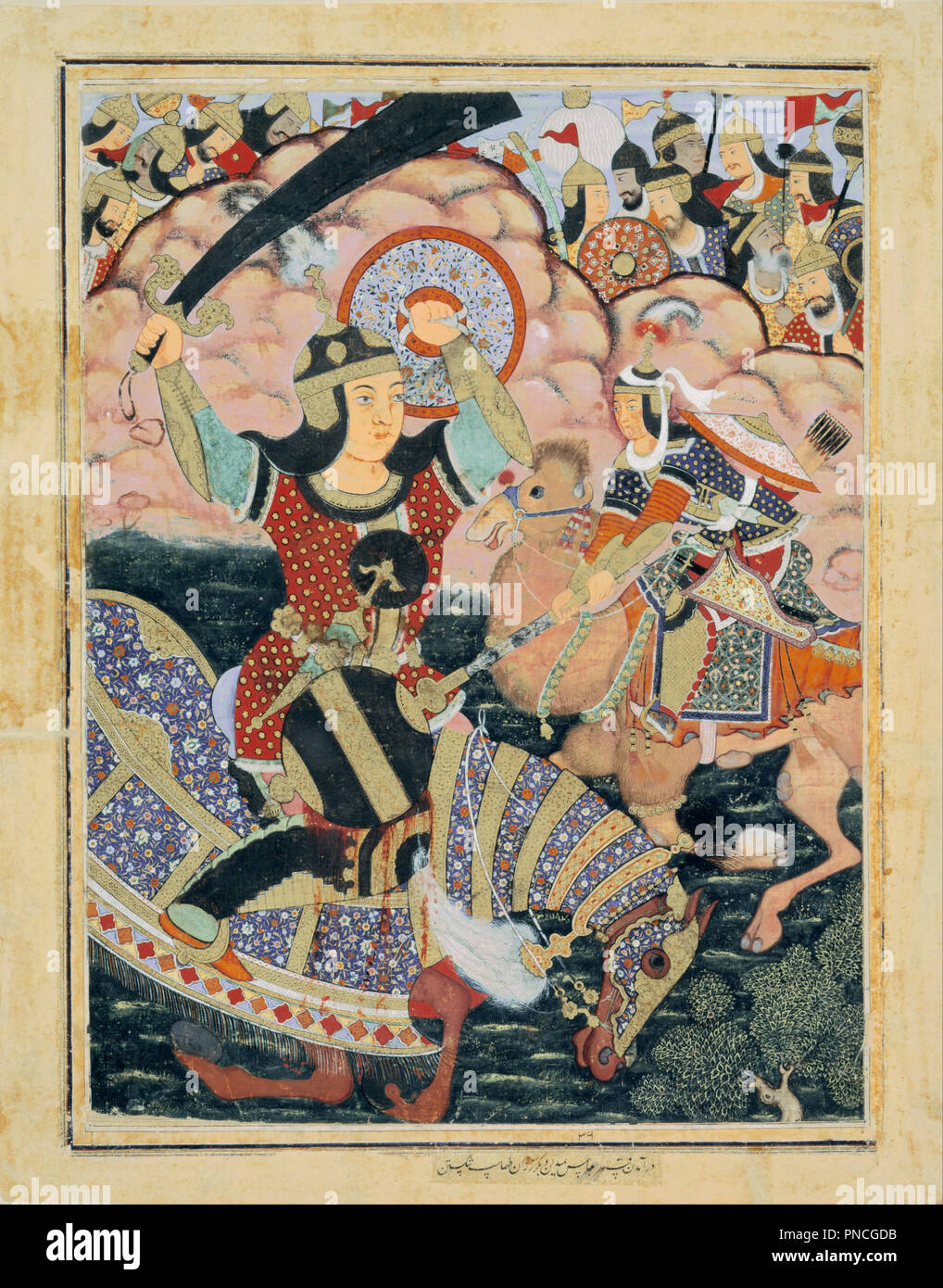 Qasam al-Abbas Arrives from Mecca and Crushes Tahmasp with a Mace. Date/Period: Manuscript dated ca. 1562-77; Imperial Mughal workshop, reign of Akbar. Painting. Opaque watercolor and gold- and silver-colored metallic paint on cotton Opaque watercolor and gold- and silver-colored metallic paint on cotton. Height: 787.91 mm (31.02 in); Width: 648.46 mm (25.52 in). Author: Attributed to Mahesha,. Stock Photo