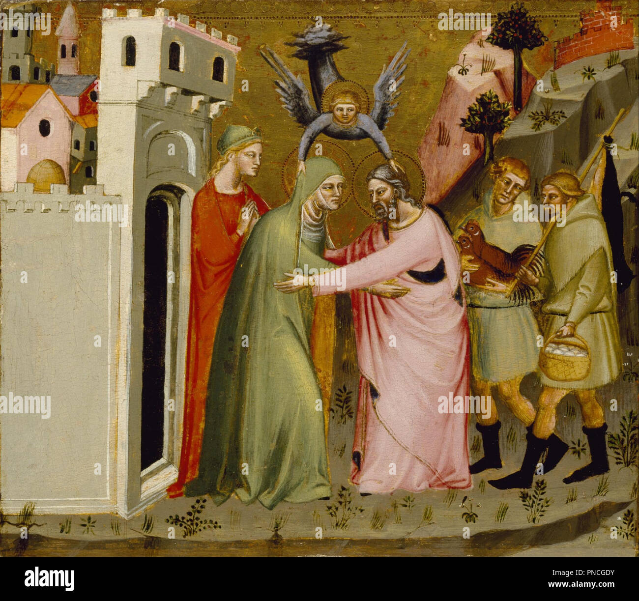 The Meeting of Anna and Joachim at the Golden Gate. Date/Period: 1370/1390. Painting. Tempera and gold leaf on wood. Width: 34.8 cm. Height: 30.2 cm (without frame). Author: Master of the Golden Gate. Stock Photo