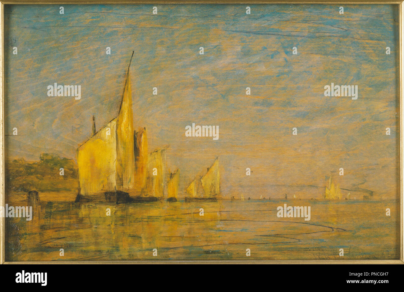 A Group of Boats, Venice. Date/Period: 1882. Painting. Oil on wood panel. Height: 8.50 mm (0.33 in); Width: 13 mm (0.51 in). Author: William Gedney Bunce. Stock Photo