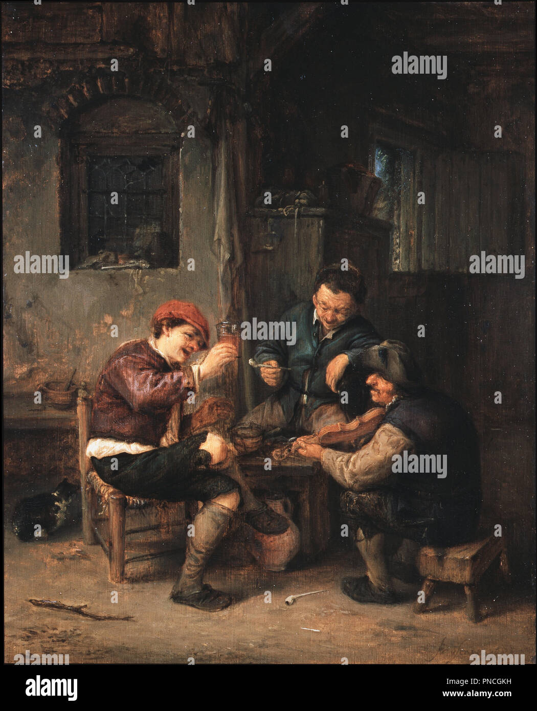 Three Peasants at an Inn. Date/Period: 1647. Painting. Oil on panel Oil. Height: 271 mm (10.66 in); Width: 216 mm (8.50 in). Author: van Ostade, Adriaen. Adriaen van Ostade. Stock Photo
