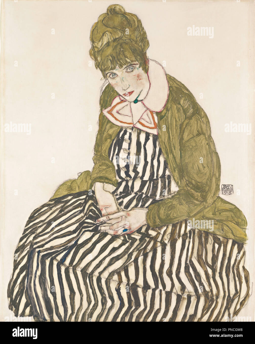 Edith Schiele in gestreiftem Kleid, sitzend Edith with Striped Dress, Sitting. Date/Period: 1915. Drawing. Height: 508 mm (20 in); Width: 402 mm (15.82 in). Stock Photo