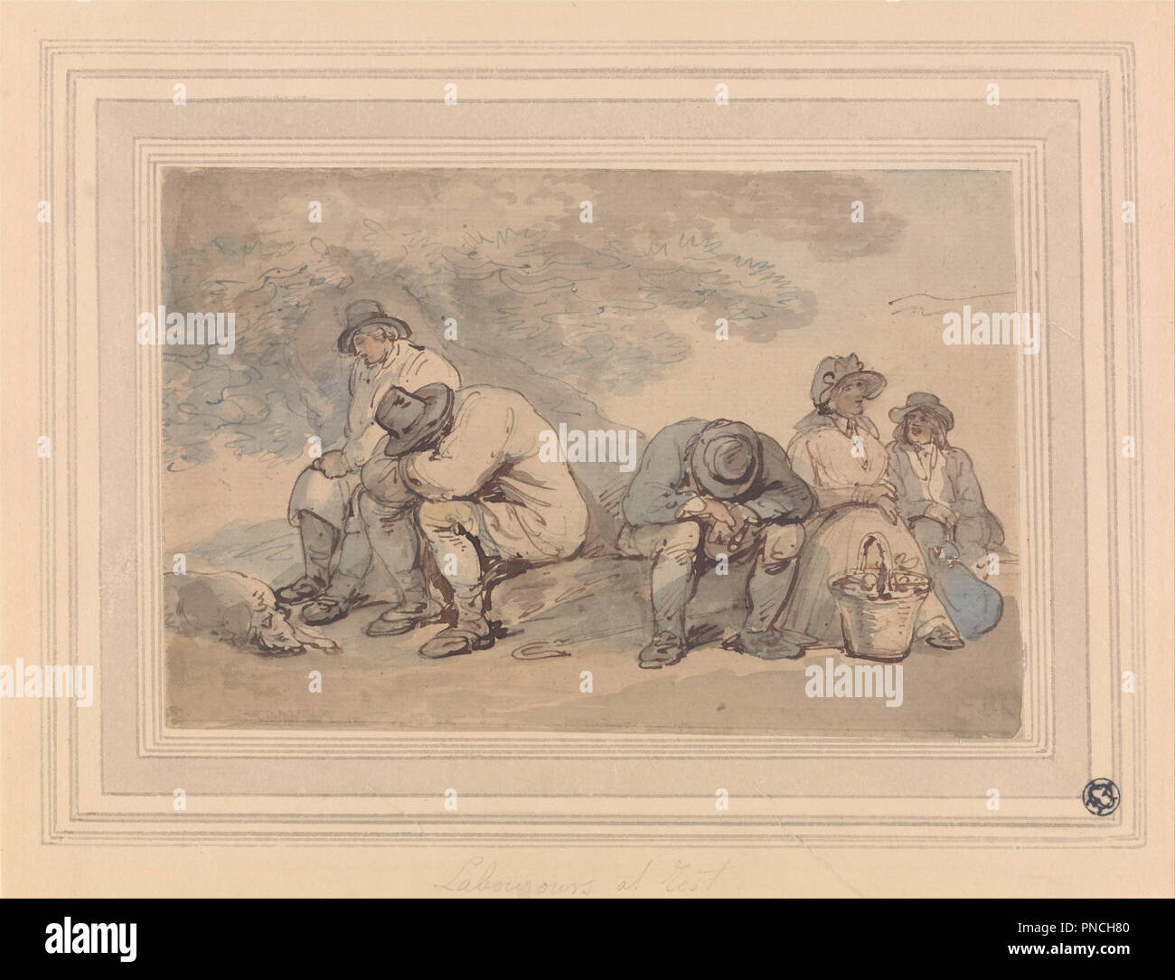 Labourers at Rest. Date/Period: Between 1790 and 1795. Genre subject. Watercolor with pen and red-brown and blue ink, over graphite with pen and gray ink and wash line on border on medium, moderately textured, beige, laid paper, mounted on, medium, slightly textured, beige, wove paper. Height: 222 mm (8.74 in); Width: 294 mm (11.57 in). Author: Thomas Rowlandson. Stock Photo