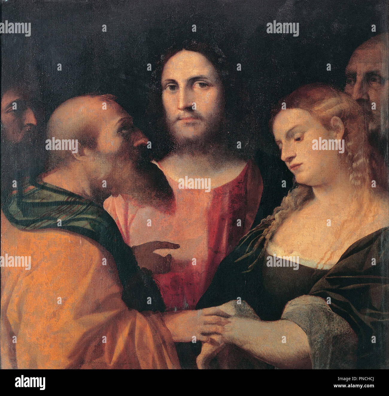 Christ and the Adulteress. Date/Period: 1525 - 1528. Painting. Oil on canvas. Height: 785 mm (30.90 in); Width: 750 mm (29.52 in). Author: Palma Vecchio (Jacopo Nigretti). Palma il Vecchio, Jacopo, the Elder. Stock Photo