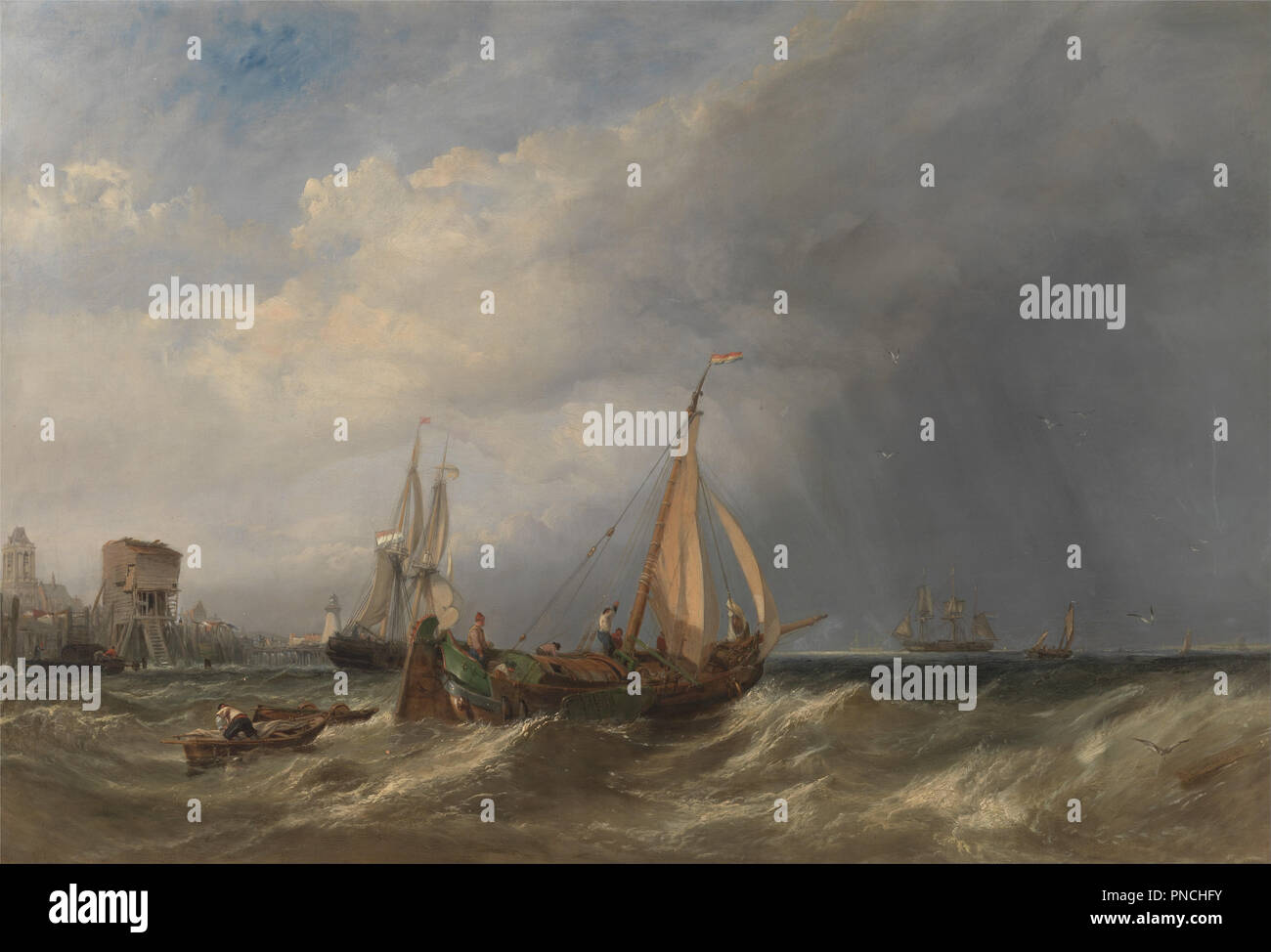 A Dutch Barge and Merchantmen Running out of Rotterdam. Date/Period: 1856. Painting. Oil on canvas. Height: 787 mm (30.98 in); Width: 1,219 mm (47.99 in). Author: Clarkson Frederick Stanfield. Stock Photo