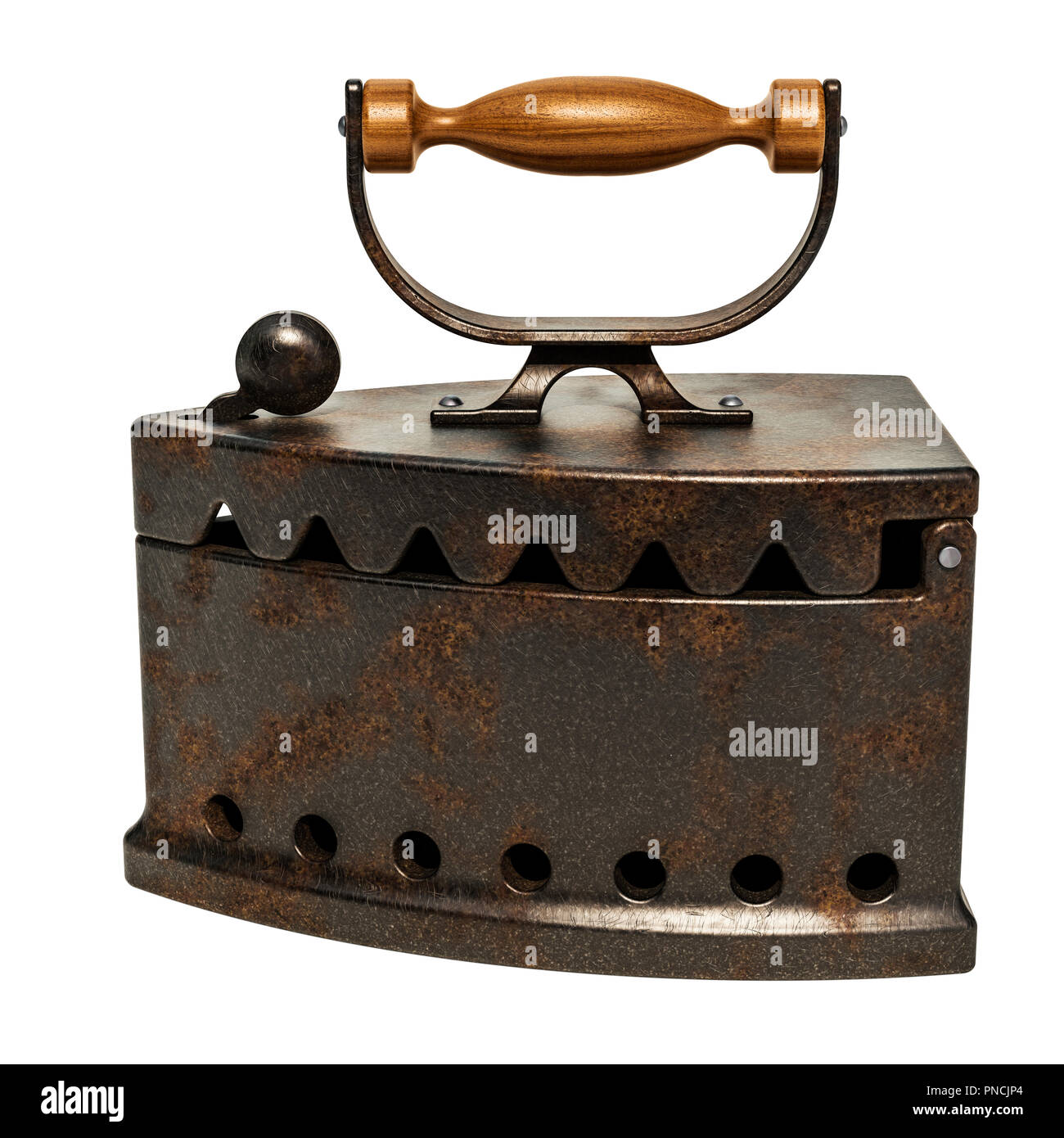 Old Charcoal box iron with wood handle. 3D rendering isolated on white