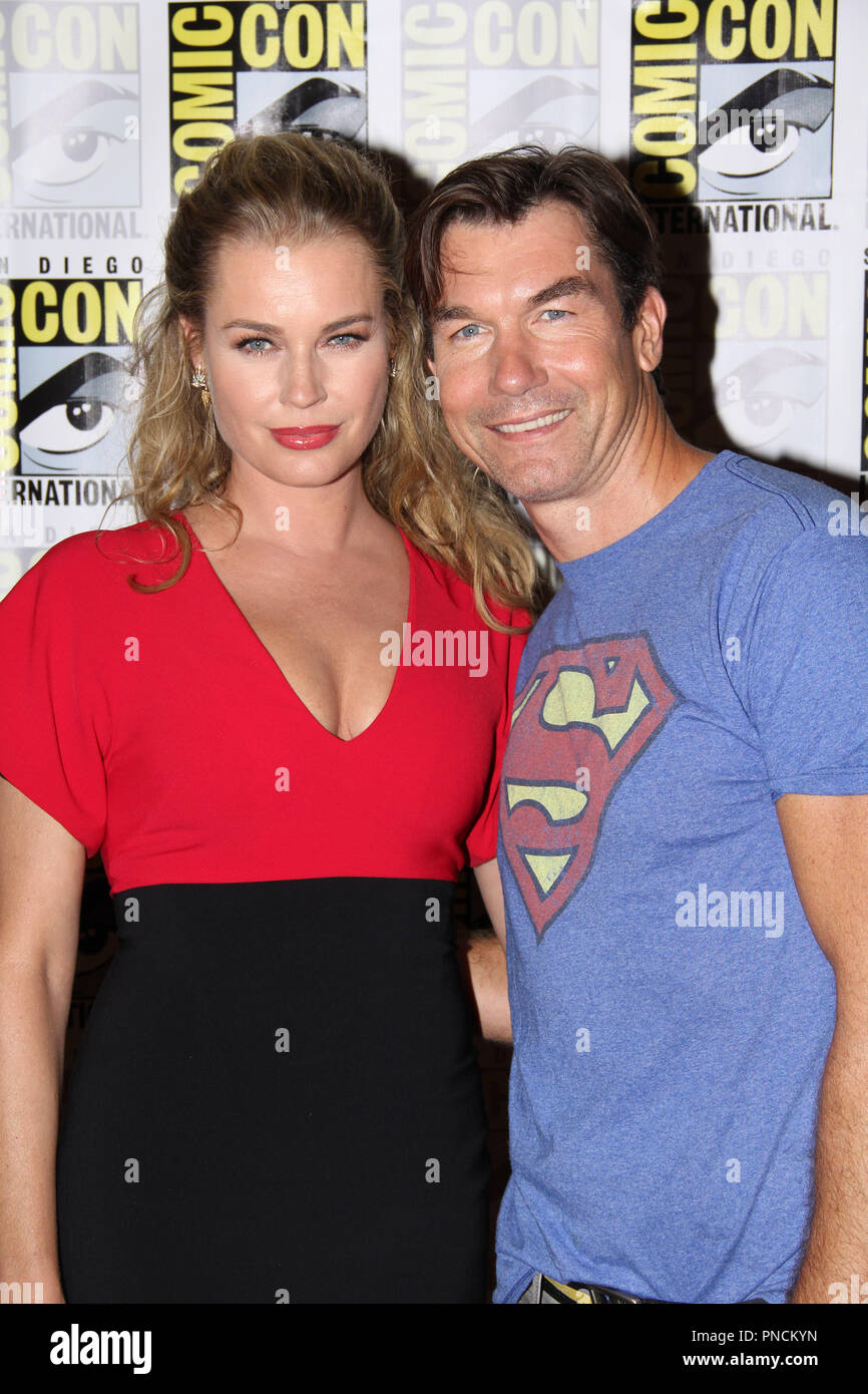 Rebecca Romijn and Jerry O'Connell promoting the new DC Universe movie
