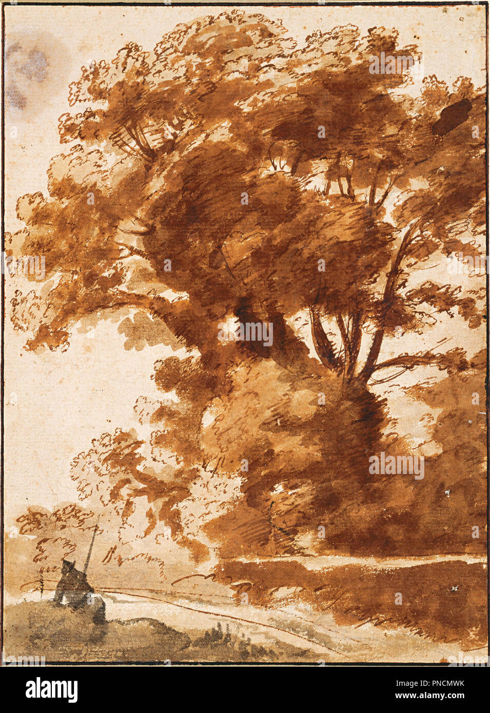 Group of Trees and Resting Sheperd. Pen, brush, bister and ink wash, over graphite pencil. Author: Claude Lorrain. LORRAIN, CLAUDE. Stock Photo