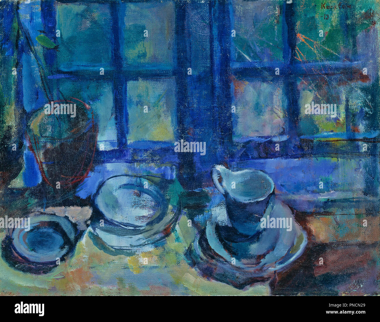 The blue Kitchen. Date/Period: 1913. Painting. Olje på lerret. Width: 68 cm. Height: 53 cm. Author: LUDVIG KARSTEN. Stock Photo