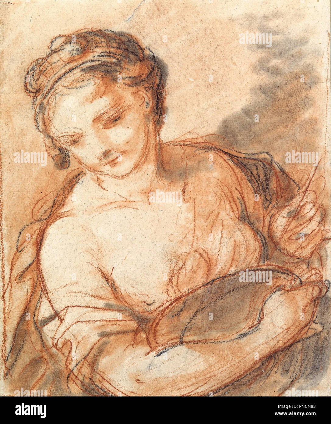 Allegory of Painting. Date/Period: 1751. Drawing, red and grey wash. Sanguine and black chalk. Height: 209 mm (8.22 in); Width: 172 mm (6.77 in). Author: Charles-Joseph Natoire. Stock Photo