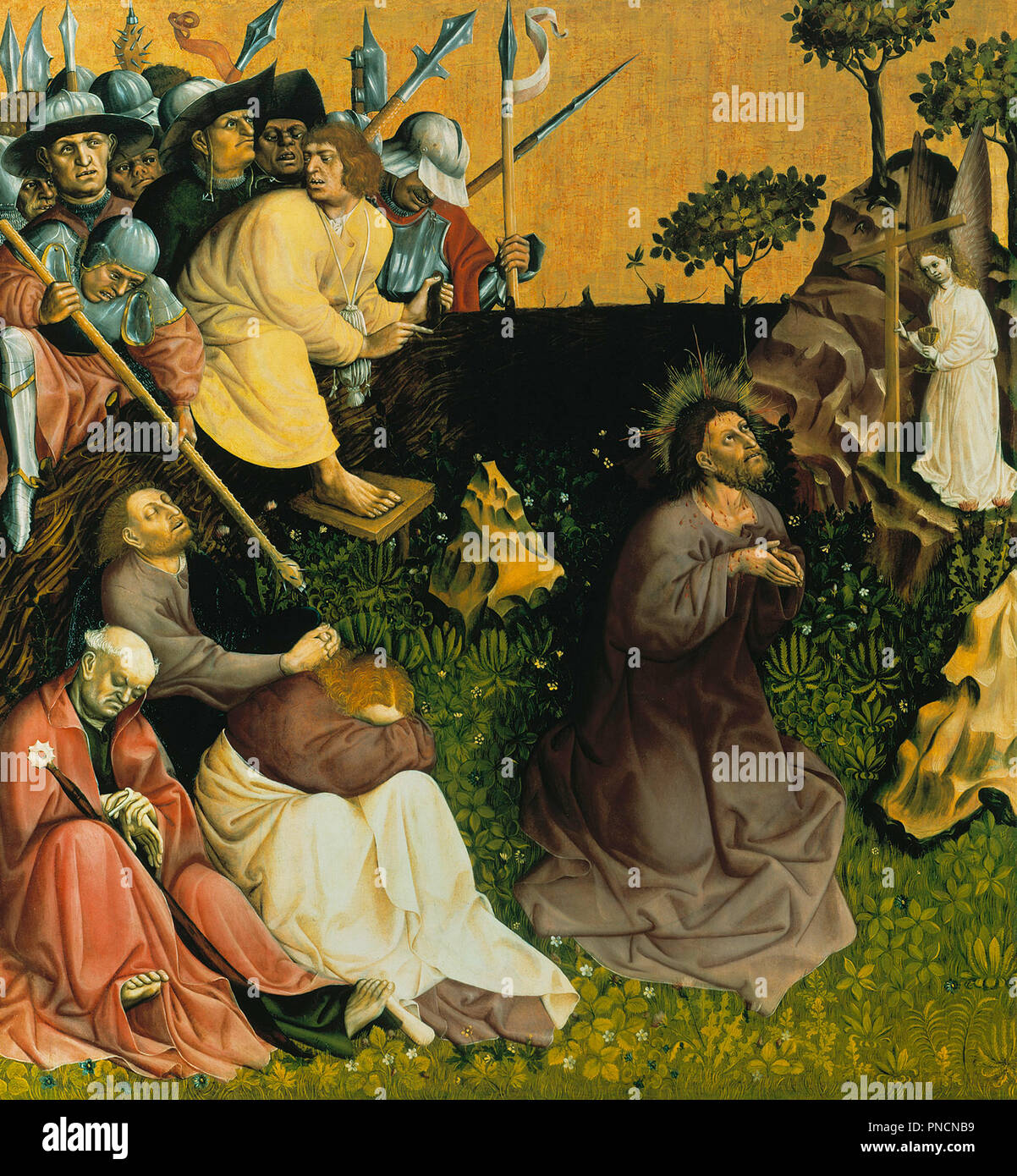 Christ on the Mount of Olives. Date/Period: 1437. Painting. Oil on fir. Height: 150 cm (59 in); Width: 140 cm (55.1 in). Author: HANS MULTSCHER. MULTSCHER, HANS. Stock Photo