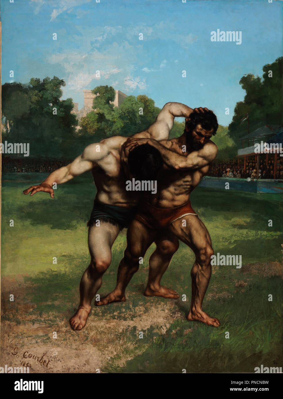 The Wrestlers. Date/Period: 1853. Painting. Oil on canvas. Height: 2,520 mm (99.21 in); Width: 1,980 mm (77.95 in). Author: GUSTAVE COURBET. COURBET, GUSTAVE. Stock Photo