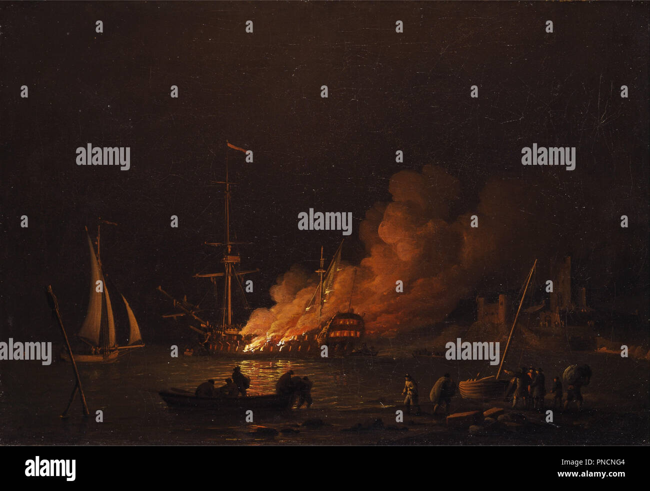 Ship on fire at night. Date/Period: Ca. 1756. Painting. Oil on canvas. Height: 318 mm (12.51 in); Width: 432 mm (17 in). Author: Charles Brooking. BROOKING, CHARLES. Stock Photo