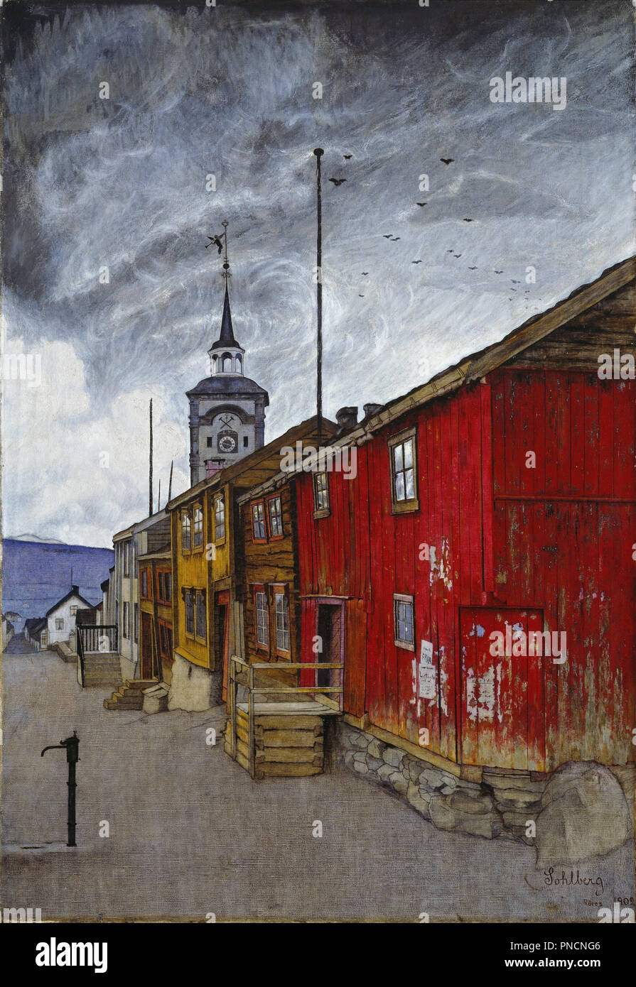 Street in Røros. Date/Period: 1902. Painting. Olje på lerret. Width: 60.5 cm. Height: 88 cm. Author: Harald Sohlberg. HARALD OSKAR SOHLBERG. Stock Photo