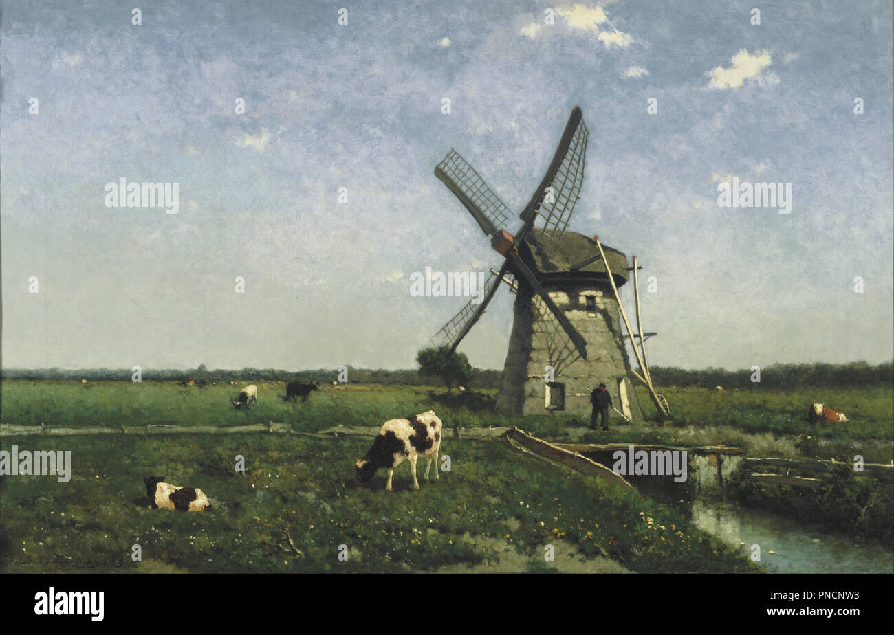 Landscape with Windmill near Schiedam. Date/Period: 1873. Painting. Oil on canvas. Height: 64.5 cm (25.3 in); Width: 101 cm (39.7 in). Author: Johan Hendrik Weissenbruch. Weissenbruch, Hendrik Johannes (Jan Hendrik). Stock Photo