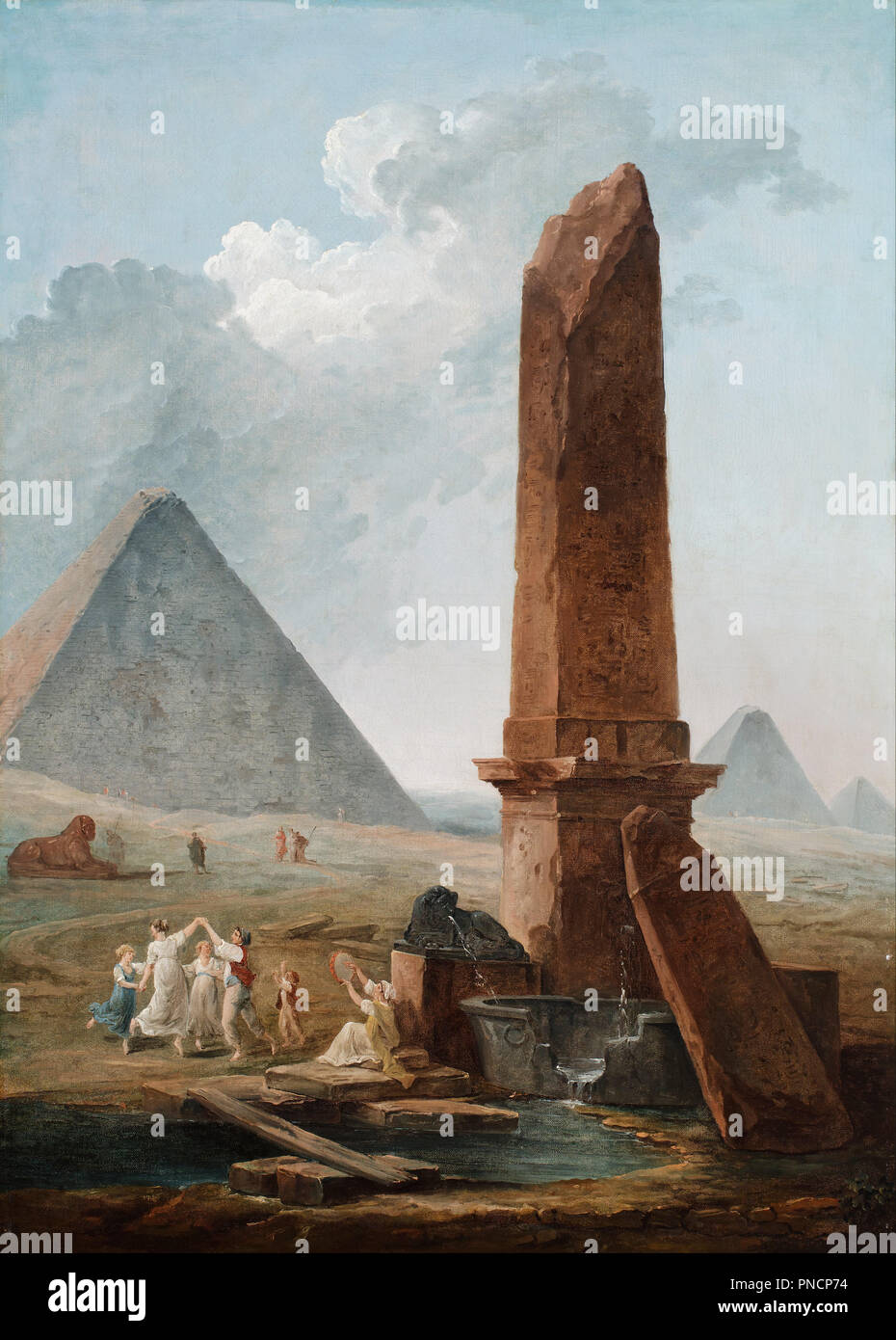 The Farandole Amidst Egyptian Monuments. Date/Period: 1733/1808. Painting. Author: Hubert Robert. ROBERT, HUBERT. Stock Photo