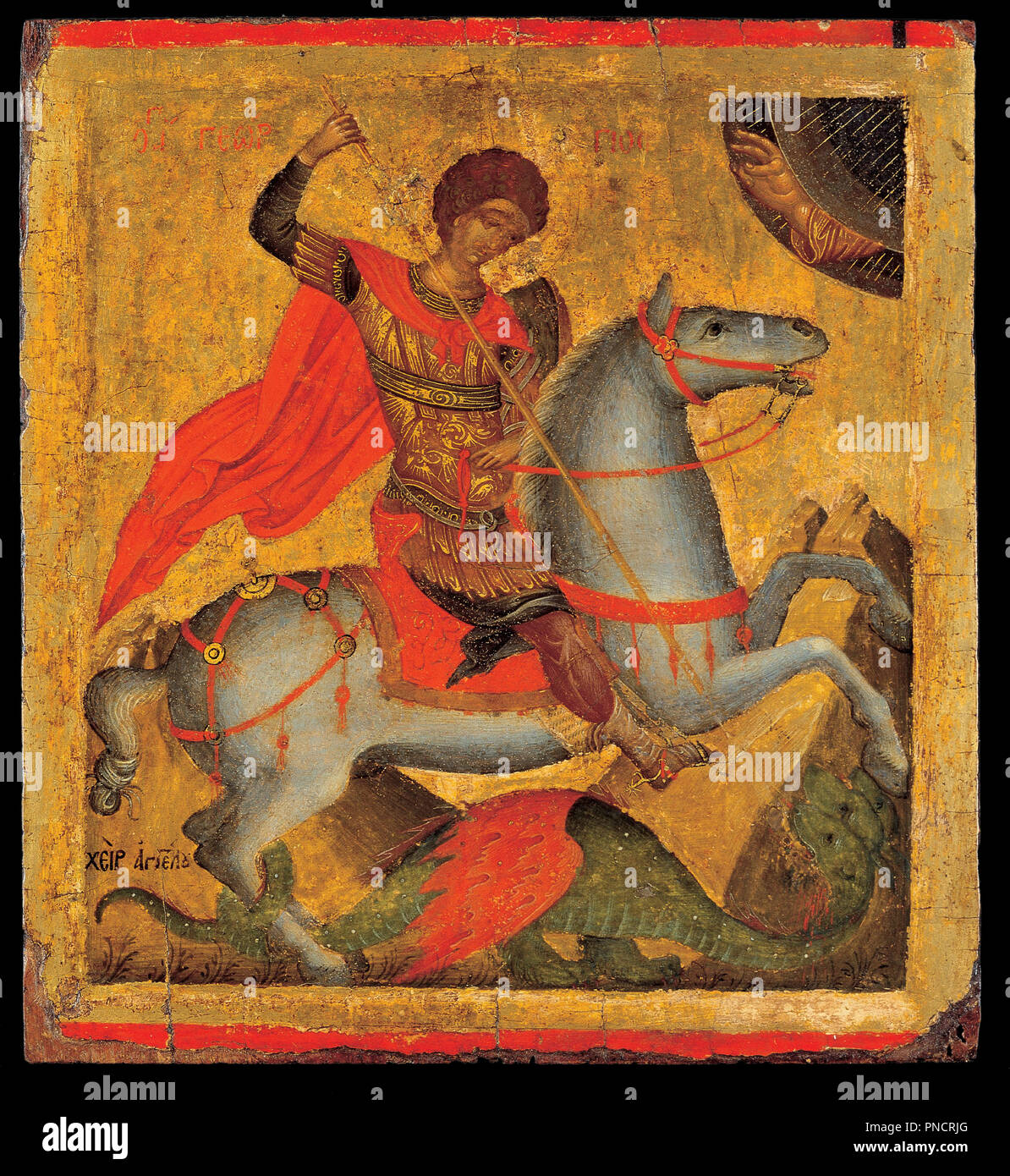 St George on Horseback, Slaying the Dragon. Date/Period: 1425 - 1450. Icon. Height: 408 mm (16.06 in); Width: 375 mm (14.76 in). Author: chanter Angelos Akotandos. Akotandos, Angelos. Stock Photo