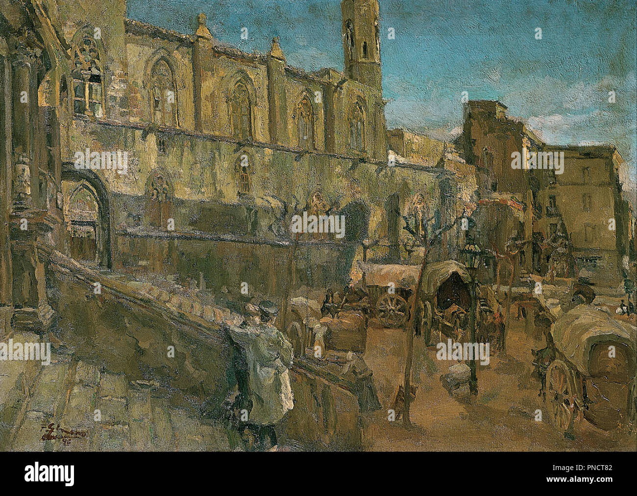 Plaza del Rey. Date/Period: 1896. Painting. Oil on canvas. Height: 500 mm (19.68 in); Width: 690 mm (27.16 in). Author: Francesc Gimeno. GIMENO, FRANCISCO. Stock Photo
