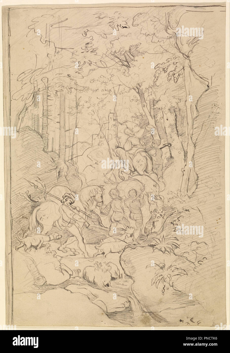 A Hunting Party. Date/Period: Ca. 1860 - 1866. Drawing. Pencil and pen and black Indian ink. Height: 275 mm (10.82 in); Width: 190 mm (7.48 in). Author: Albert Venus. Stock Photo