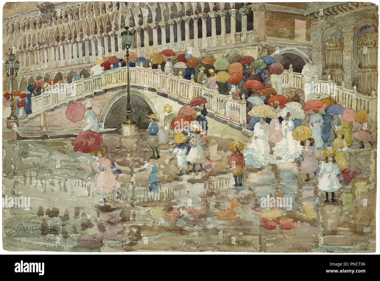 Umbrellas in the Rain. Date/Period: 1899. Painting. Watercolor. Height: 354 mm (13.93 in); Width: 530 mm (20.86 in). Author: Maurice Prendergast. Stock Photo