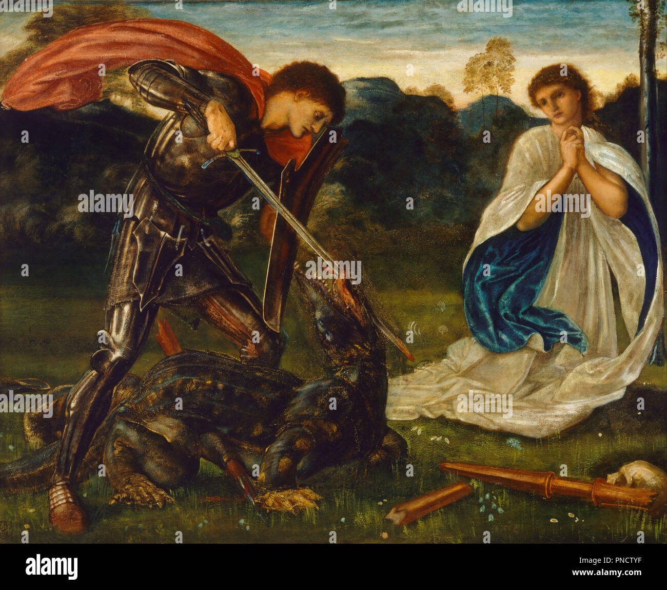 The fight: St George kills the dragon VI. Date/Period: 1866. Painting. Oil on canvas. Height: 105.4 cm (41.4 in); Width: 130.8 cm (51.4 in). Author: Edward Burne-Jones. Burne-Jones, Sir Edward Coley. Stock Photo