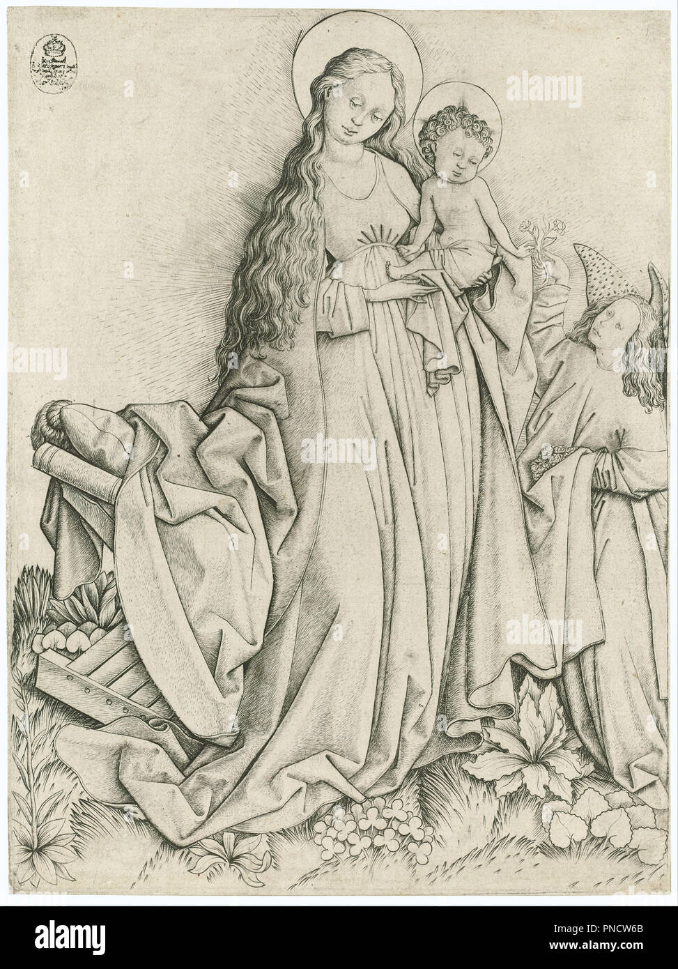 Madonna with Angel Giving Roses. Date/Period: 1420 - 1468. Copper engraving. Height: 210 mm (8.26 in); Width: 156 mm (6.14 in). Author: Master E. S. Stock Photo