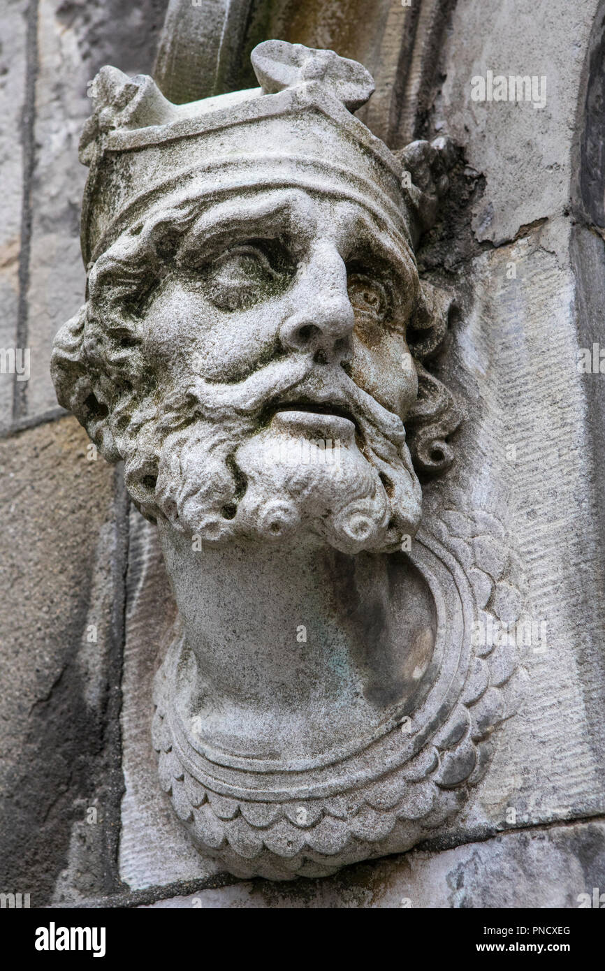 A sculpture of an Irish King Brian Boru, located on the exterior of
