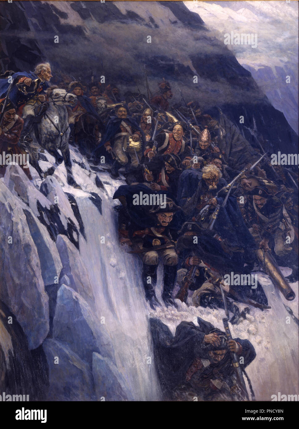 1799 Suvorov Crossing the Alps in 1799. Date/Period: 1899. Painting. Oil on canvas Oil on canvas. Height: 4,950 mm (16.24 ft); Width: 3,730 mm (12.23 ft). Author: Vasily Surikov. VASSILY IVANOVICH SURIKOV. Surikov, Vasili Ivanovich. Stock Photo