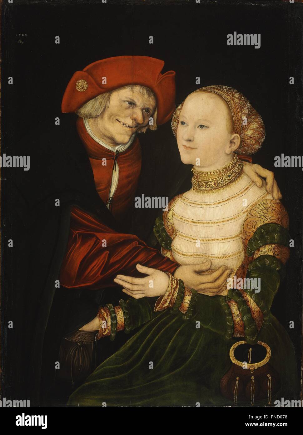 The Ill-Matched Couple / Old man and young woman. Date/Period: 1522. Oil on beech wood. Height: 84.5 cm (33.2 in); Width: 63 cm (24.8 in). Author: Cranach the Elder, Lucas. Cranach, Lucas, the Elder. Stock Photo