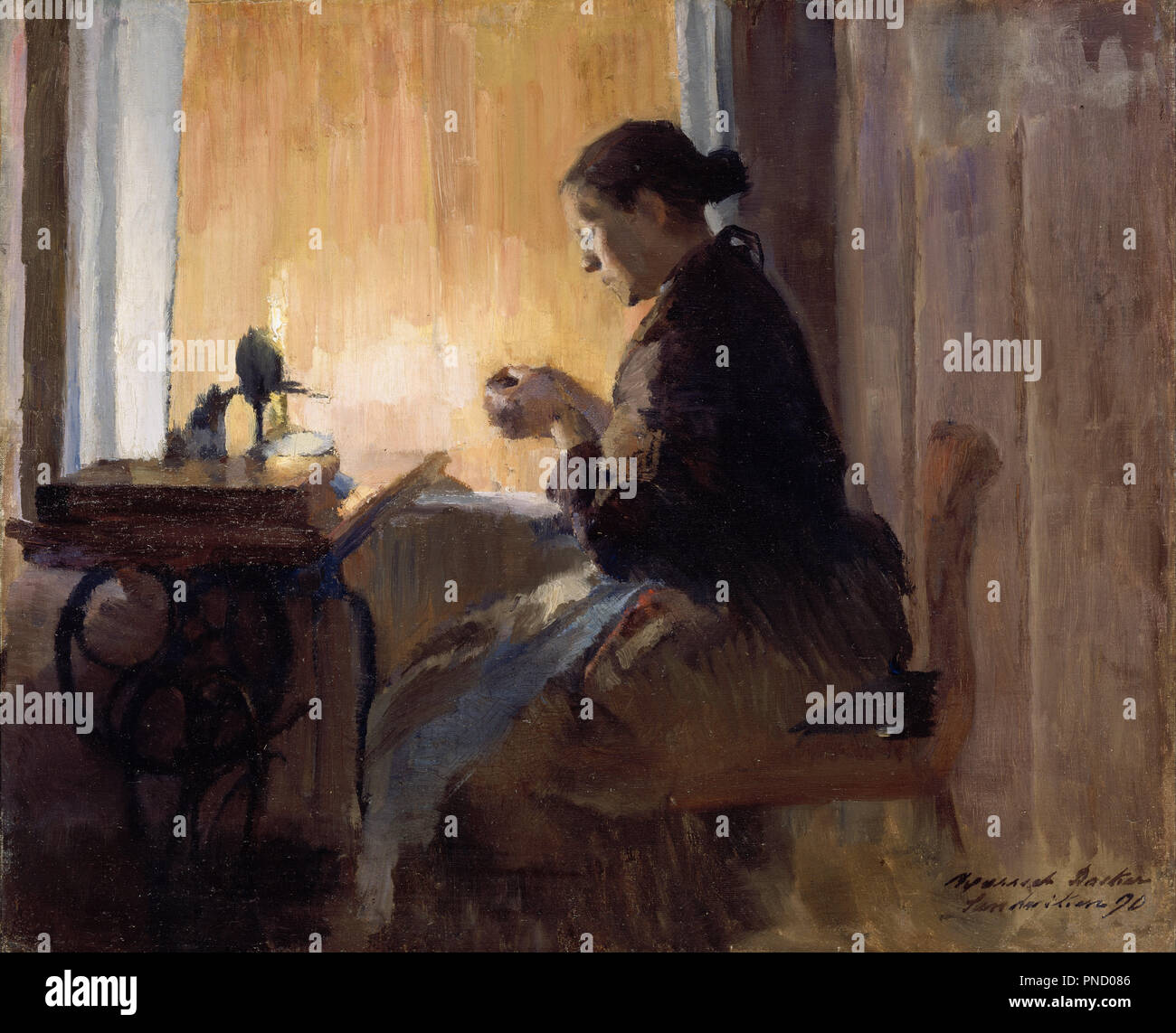 By Lamp Light. Date/Period: 1890. Painting. Olje på lerret oppklebet på treplate. Height: 36 cm (14.1 in); Width: 44 cm (17.3 in). Author: HARRIET BACKER. Stock Photo