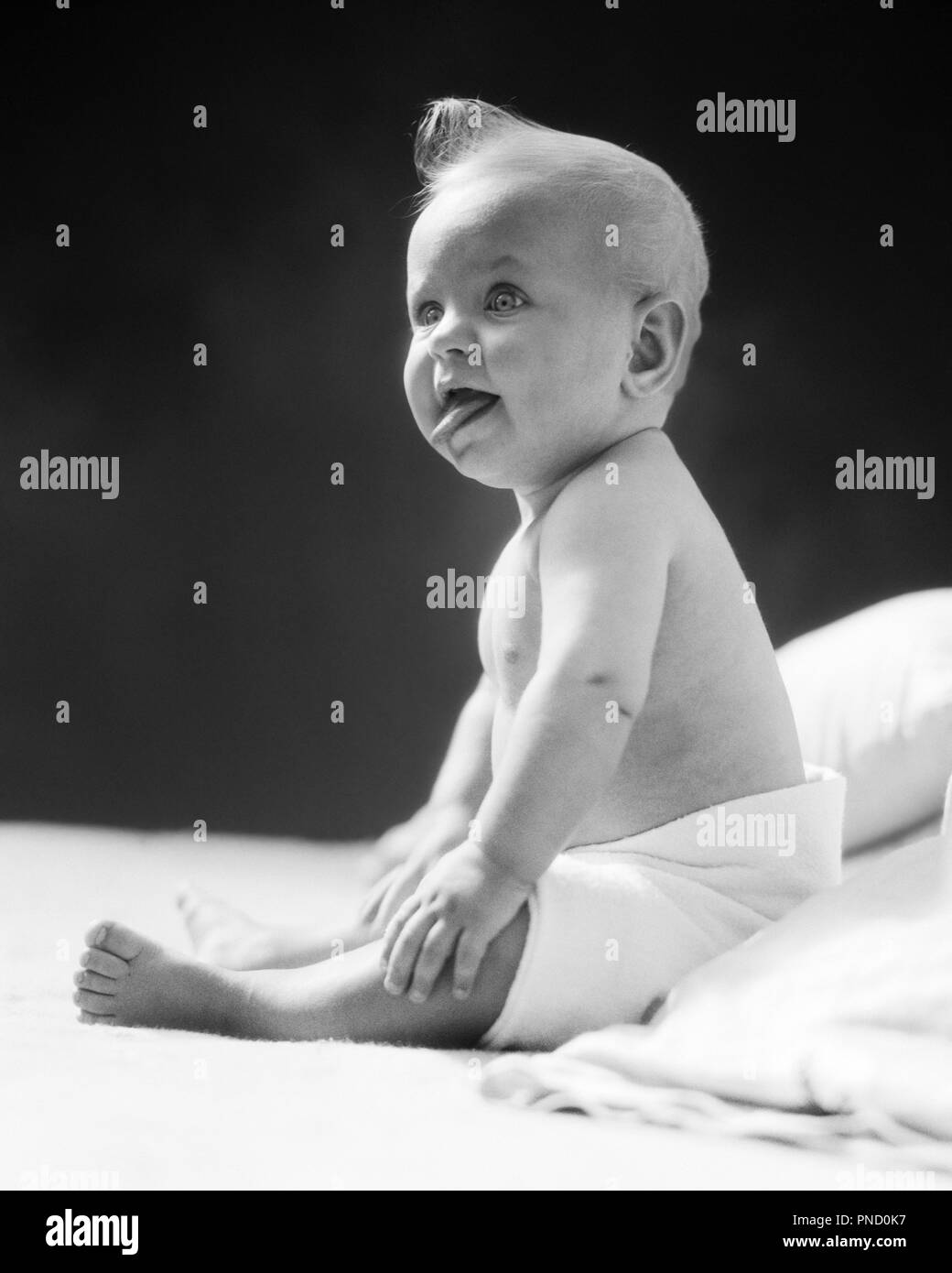 1930s BABY GIRL WEARING CLOTH DIAPER SITTING UP STICKING OUT TONGUE - b9300 HAR001 HARS WEIRD STRANGE ZANY STICKING UNCONVENTIONAL UP IDIOSYNCRATIC AMUSING CURL ECCENTRIC GROWTH JUVENILES KEWPIE DOLL BABY GIRL BLACK AND WHITE CAUCASIAN ETHNICITY ERRATIC HAR001 OLD FASHIONED Stock Photo