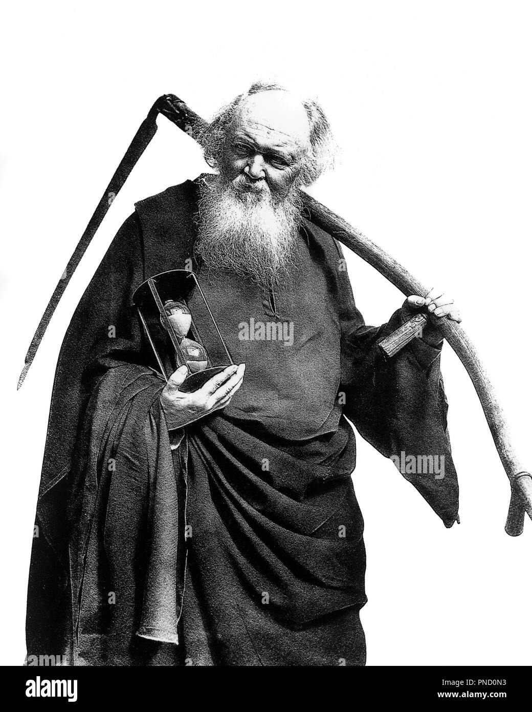 1930S FATHER TIME CARRYING A SCYTHE AND HOURGLASS - c11480 HAR001 HARS CAUCASIAN ETHNICITY HAR001 JANUARY 1 NEW YEAR NEW YEARS OLD FASHIONED PERSONIFICATION POSTERIZED REPRESENTATION Stock Photo