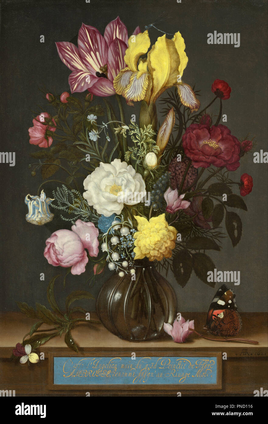Bouquet of Flowers in a Glass Vase. Date/Period: 1621. Painting. Oil on copper. Height: 316 mm (12.44 in); Width: 216 mm (8.50 in). Author: AMBROSIUS BOSSCHAERT. Stock Photo