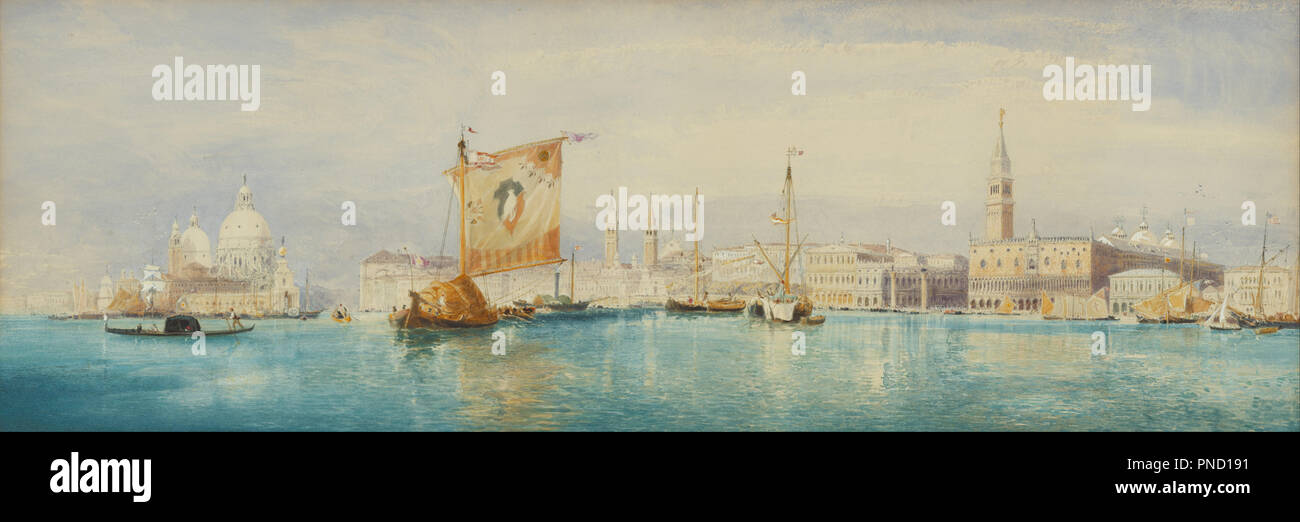 The Saint Mark's Basin, Venice. Date/Period: Ca. 1860. Drawing. Watercolor over pencil, heightened with gouache. Height: 318 mm (12.51 in); Width: 927 mm (36.49 in). Author: James Holland. Stock Photo