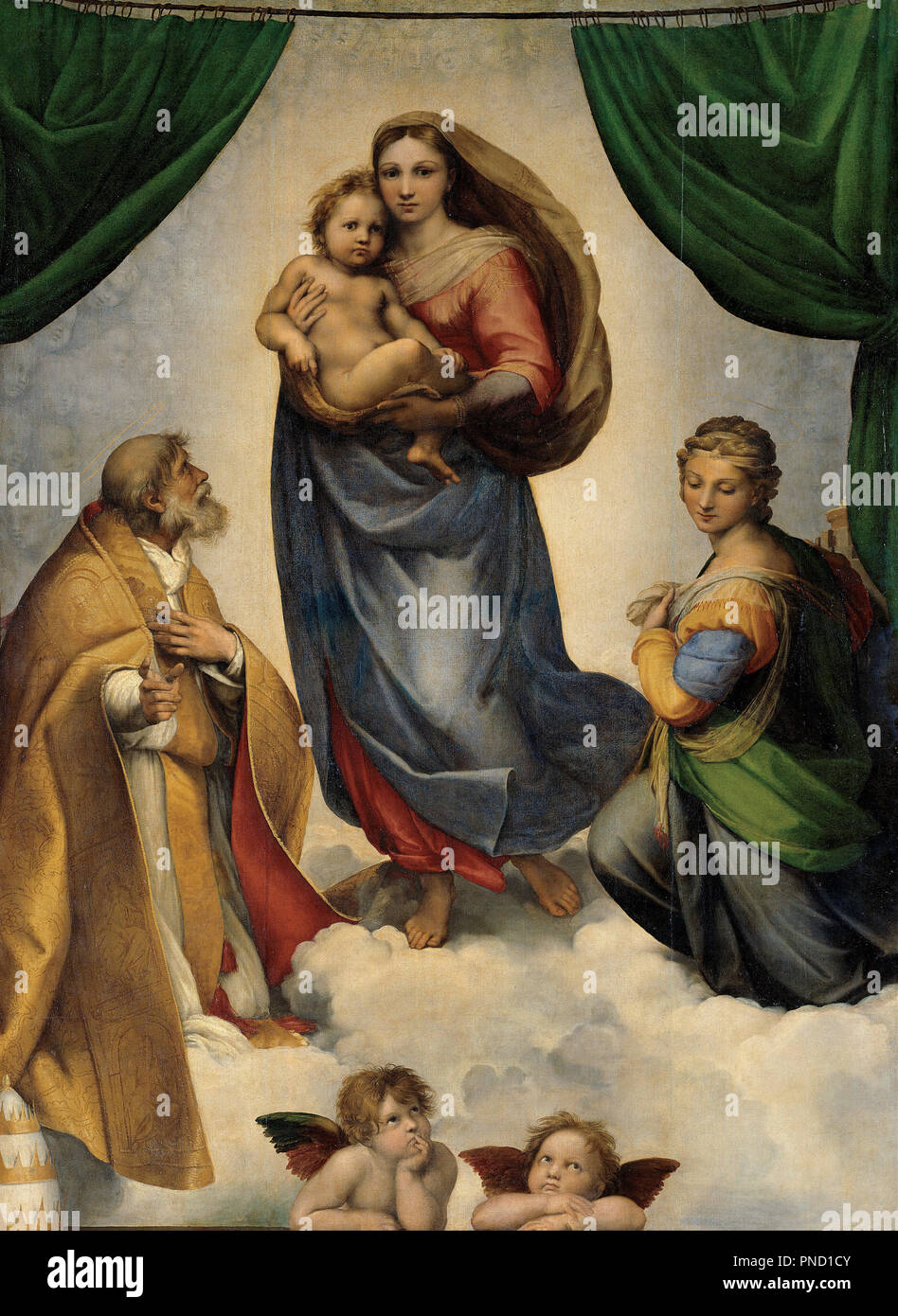 The Sistine Madonna. Date/Period: 1512 - 1513. Painting. Height: 2,695 mm (106.10 in); Width: 2,010 mm (79.13 in). Author: RAPHAEL. Raphael (Raffaello Sanzio da Urbino). Stock Photo