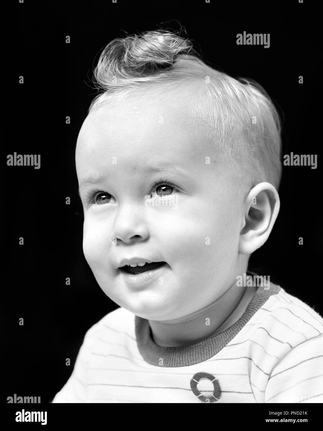 1940s Smiling Blond Baby Boy Big Curl On Top Of Head Eyes Looking