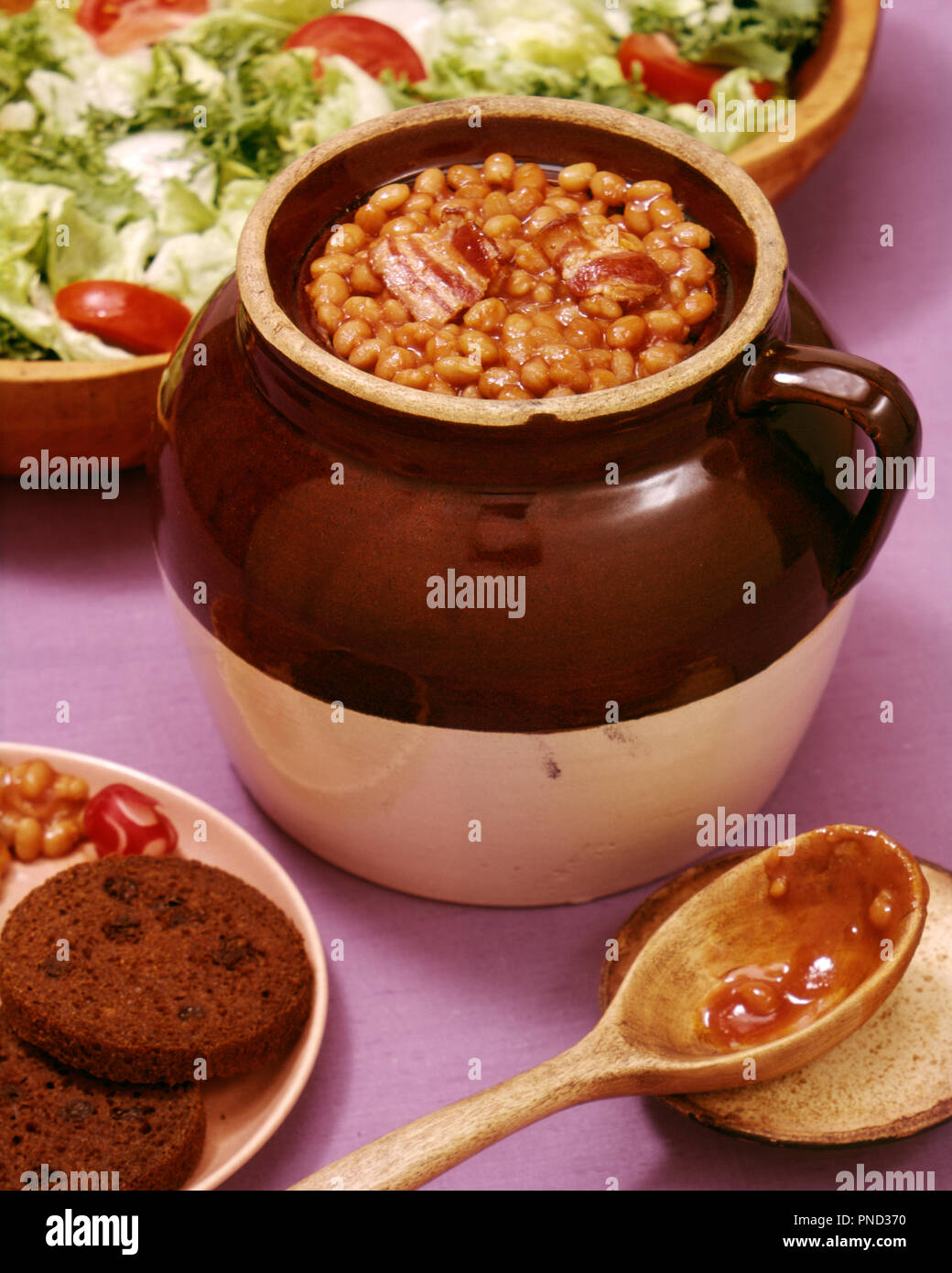 1950s Comfort Food Boston Baked Beans In Brown Crock With Round
