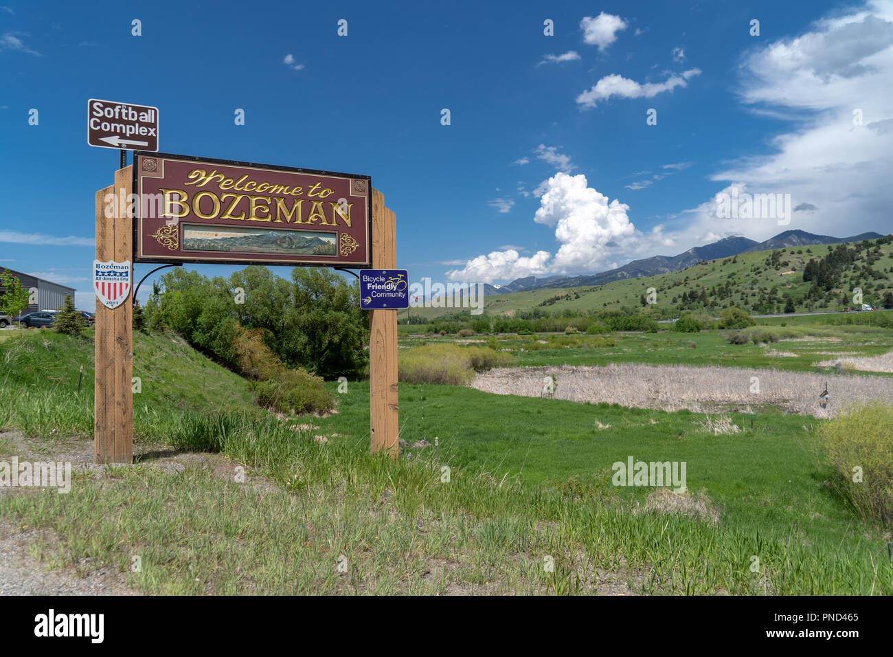 MAY 30 2017 - BOZEMAN, MT: Sign welcomes visitors to the town of Bozeman Montana on a sunny spring day Stock Photo