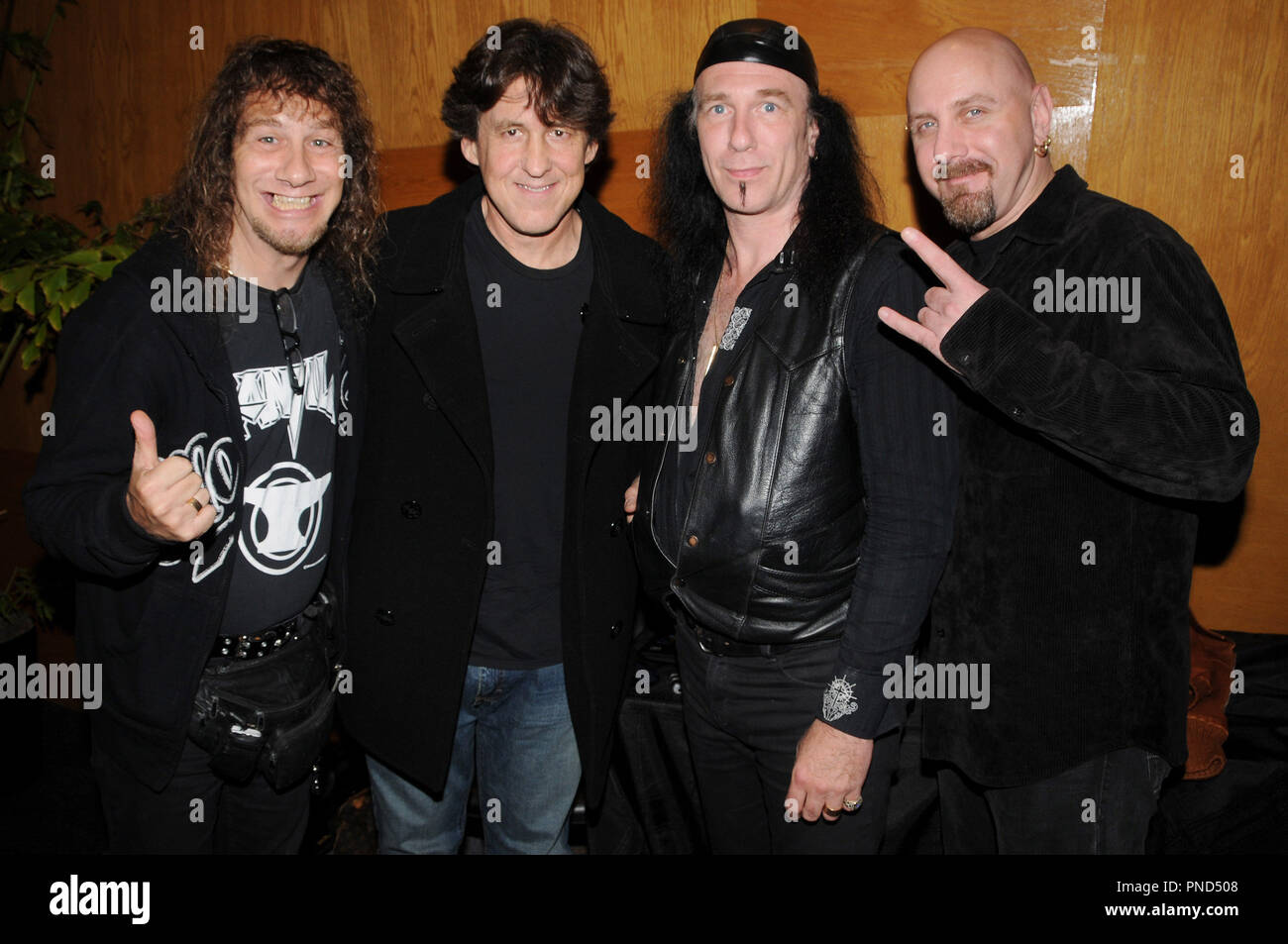 Cameron Crowe (second from left) with Anvilduring the reception of the DVD release of 'Anvil The Story of Anvil' held at the WGA in Beverly Hills, CA on Thursday, October 8, 2009. Photo by Richard Soria/ PRPP /PictureLux File Reference # CameronCroweAnvil01 10809PRPP  For Editorial Use Only -  All Rights Reserved Stock Photo