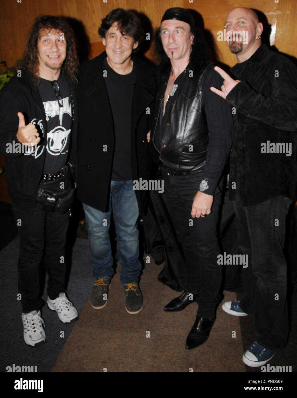 Cameron Crowe (second from left) with Anvilduring the reception of the DVD release of 'Anvil The Story of Anvil' held at the WGA in Beverly Hills, CA on Thursday, October 8, 2009. Photo by Richard Soria/ PRPP /PictureLux File Reference # CameronCroweAnvil02 10809PRPP  For Editorial Use Only -  All Rights Reserved Stock Photo