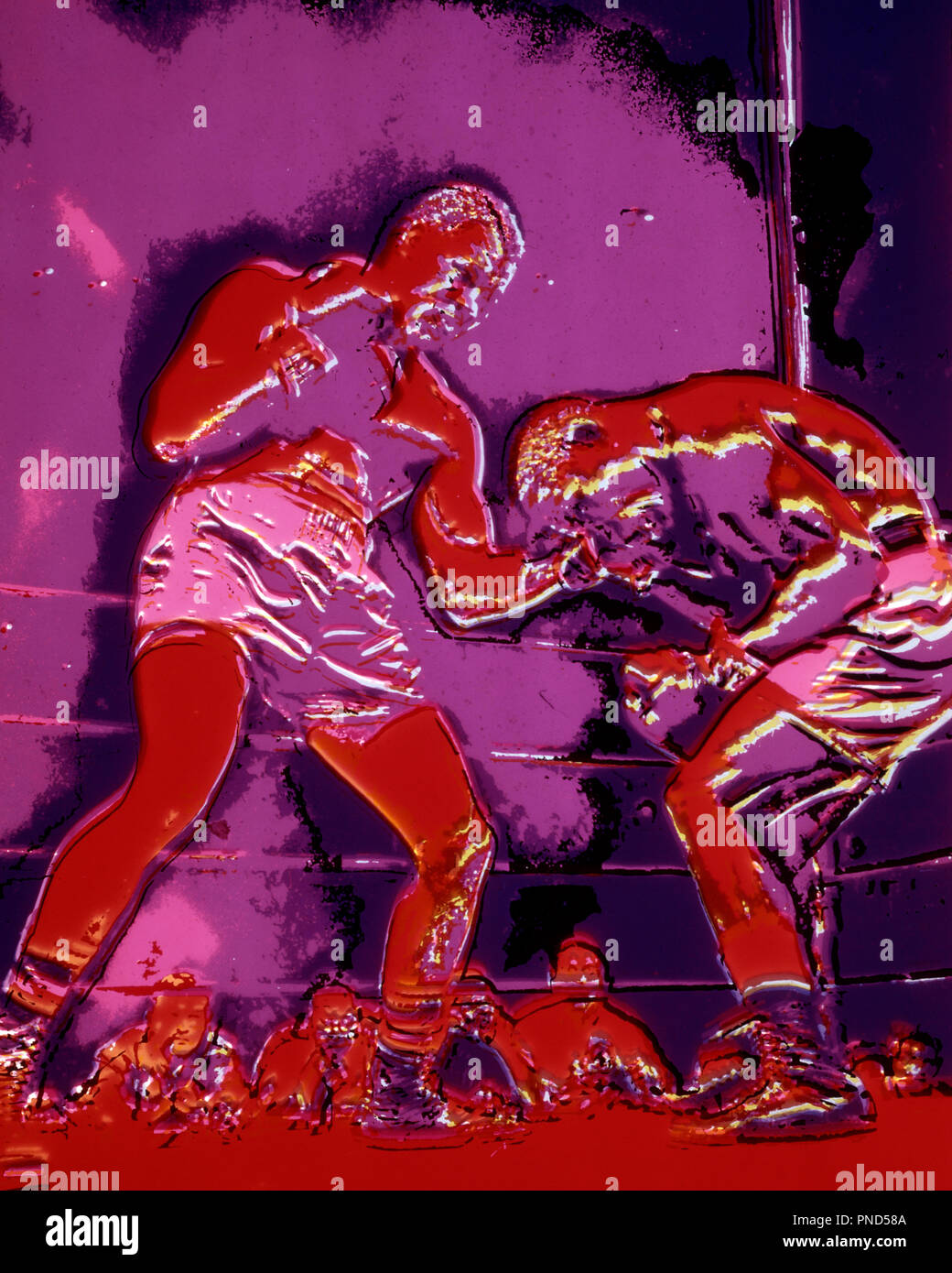 SOLARIZED TWO BOXERS IN THE RING  - ks9319 PHT001 HARS BATTLE LIFESTYLE CONFLICT VERTICAL WINNING BLOW EVENT GROWNUP COPY SPACE FULL-LENGTH PHYSICAL FITNESS PERSONS WINNER MATCH GROWN-UP MALES RISK ENTERTAINMENT HIT HITTING SADNESS GOALS OCCUPATION PURPLE SPORTING BOXERS PROTECTION STRENGTH EXCITEMENT LOW ANGLE POWERFUL PRIZE STRIKE EFFECT COMPETING OCCUPATIONS PUNCHING PROFESSIONAL SPORTS CONNECTION MOTION BLUR BOXING GLOVE CONCEPTUAL BOXING GLOVES IMAGINATION PUGILIST LOOSING OPPONENT COMPETITOR COMPETITORS CONFLICTING MID-ADULT MID-ADULT MAN OPPONENTS PRIZE RING STRIKING YOUNG ADULT MAN Stock Photo