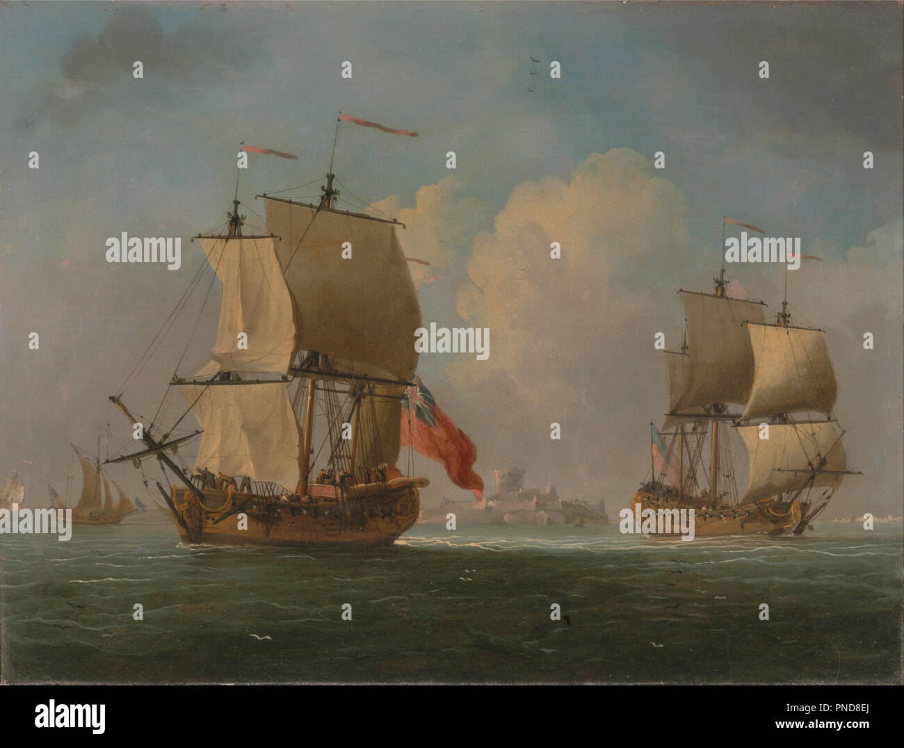 An English Sloop and a Frigate in a Light Breeze. Date/Period: Undated, exhibited between 1762 and 1782. Painting. Oil on canvas. Height: 254 mm (10 in); Width: 340 mm (13.38 in). Author: Francis Swaine. Stock Photo