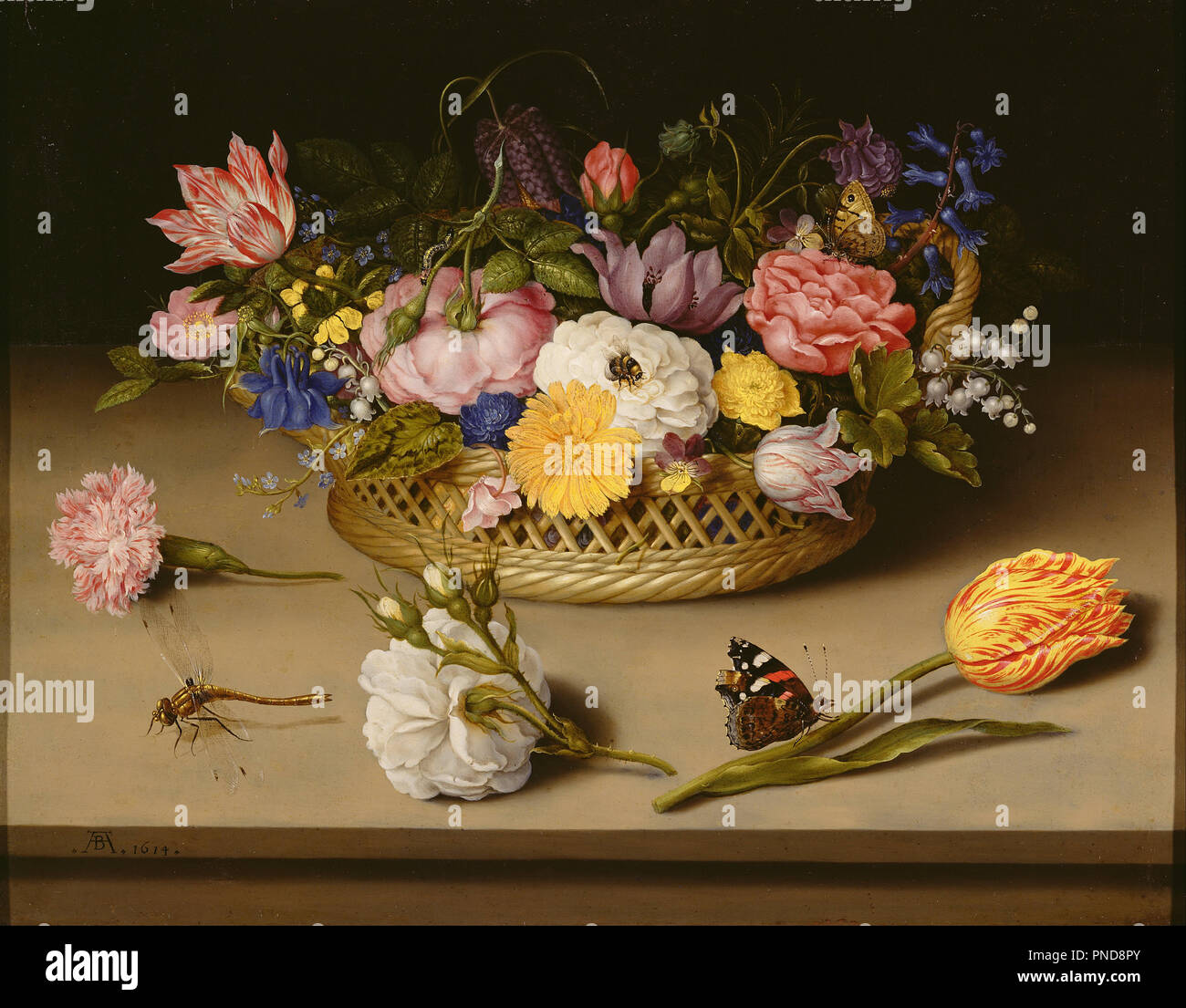 Flower still life. Date/Period: 1614. Painting. Oil on copper. Height: 30.5 cm (12 in); Width: 38.9 cm (15.3 in). Author: AMBROSIUS BOSSCHAERT. Bosschaert, Ambrosius, the Elder. Stock Photo