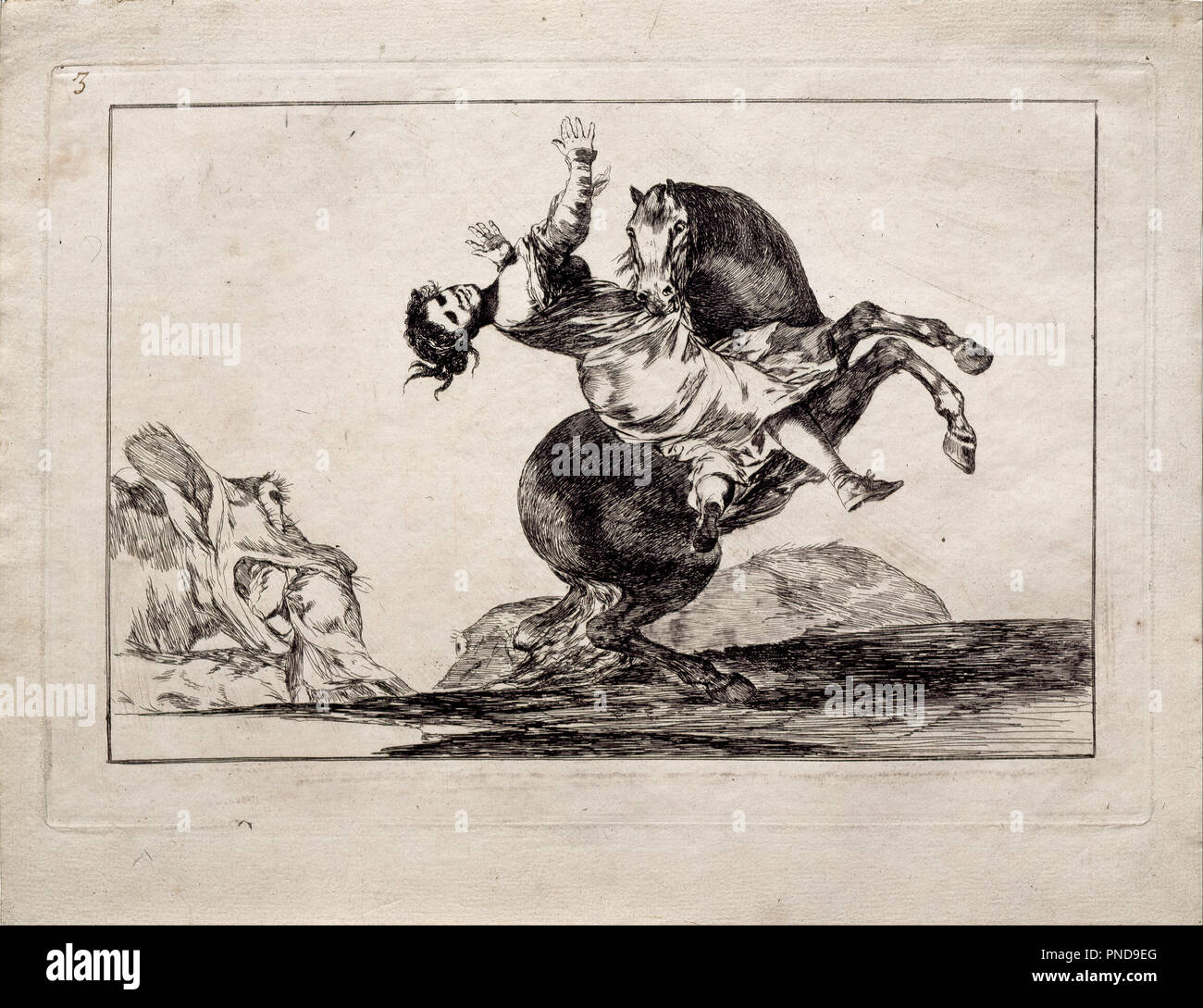 Woman Carried off by a Horse. Date/Period: 1815 - 1819. Print. Height: 245 mm (9.64 in); Width: 357 mm (14.05 in). Author: GOYA Y LUCIENTES, FRANCISCO DE. GOYA, FRANCISCO DE. Stock Photo