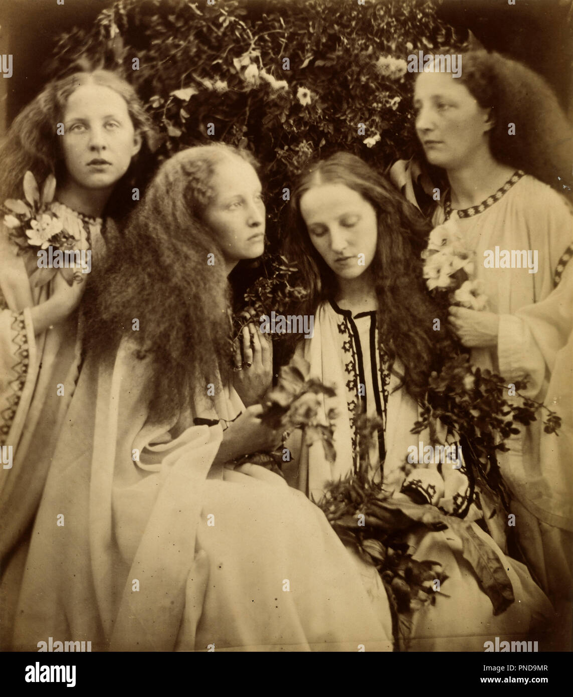 The Rosebud Garden of Girls. Date/Period: 1868. Photograph. Albumen print. Author: CAMERON, JULIA MARGARET. Julia Margaret Cameron. Stock Photo