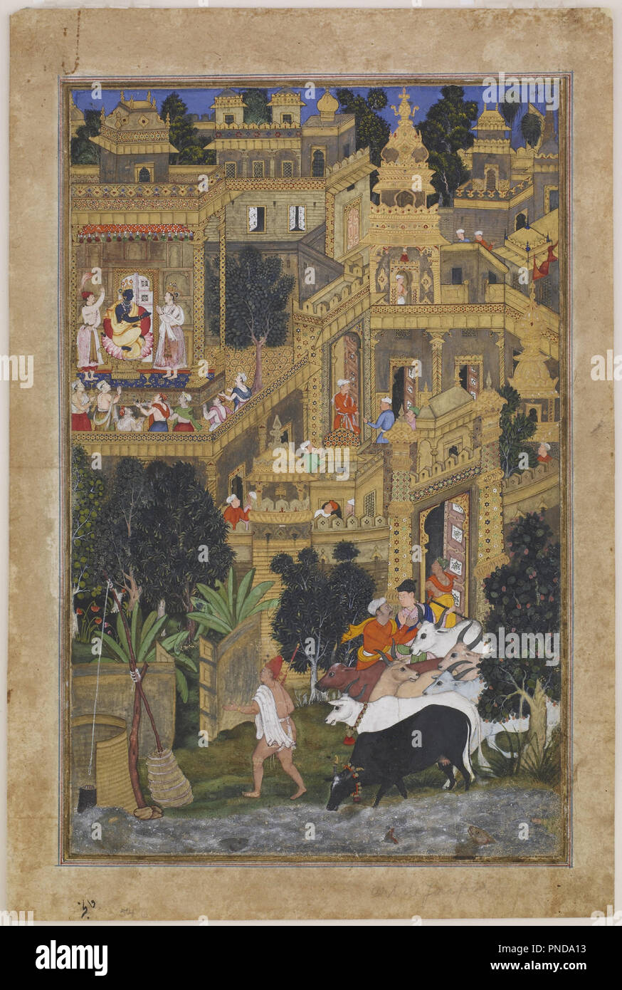 The Lord Krishna in the Golden City (Harivamsha)     From harivamsa ,an appendix of Razmnama. Date/Period: Ca. 1585. Painting / watercolor painting. Opaque watercolor and gold on paper. Height: 34.9 cm (13.7 in); Width: 23.2 cm (9.1 in). Author: Kesu Kalan and Miskin. Kalan, Kesav. Stock Photo